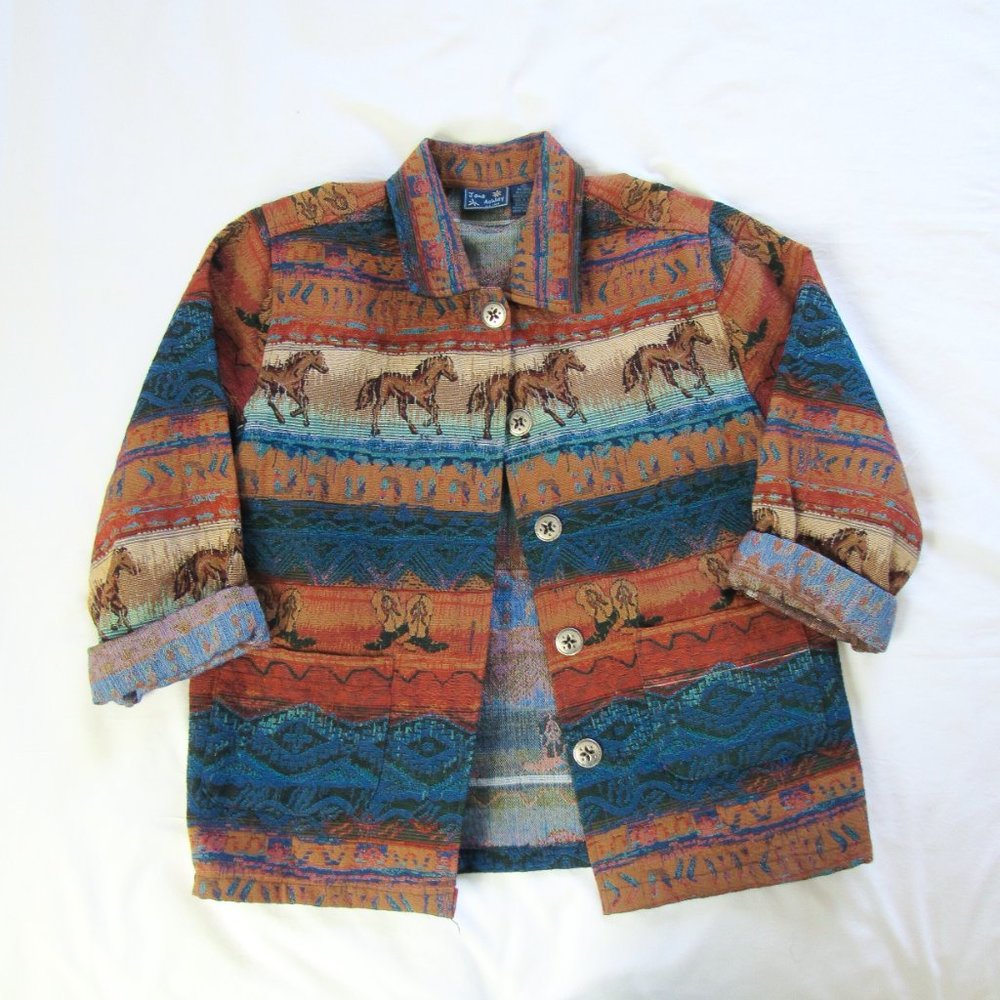 SOLFD🖤VINTAGE Western Tapestry Textile Jacket Woven Lightweight Cotton Button - Picture 3 of 9